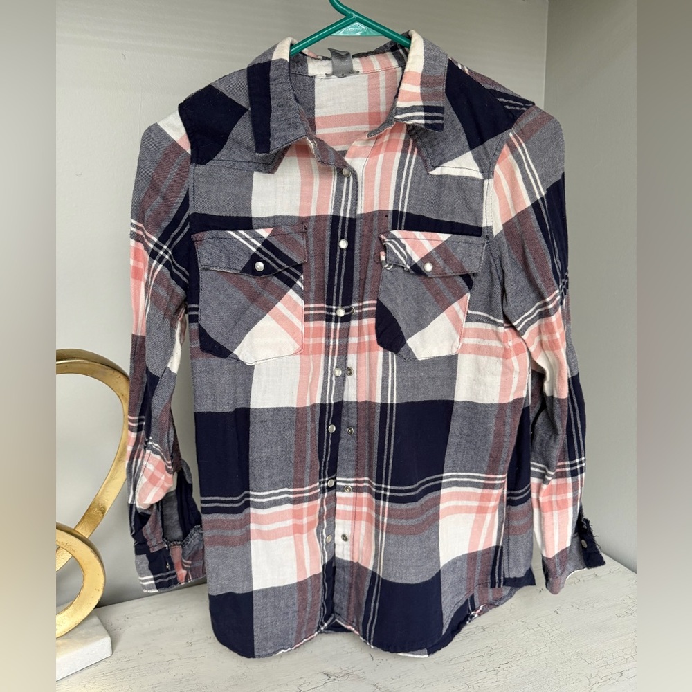 Charlotte Russe Navy, Pink & White Plaid Button Shirt